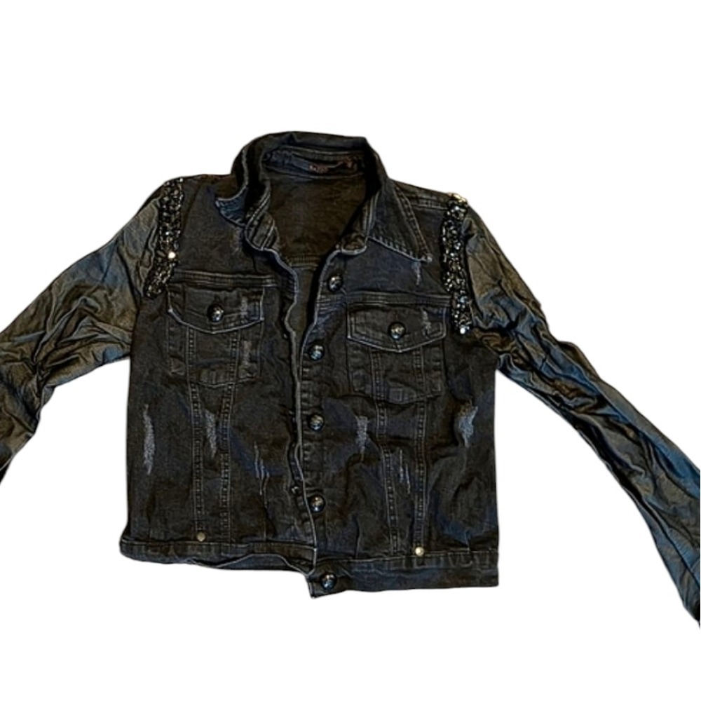 RAZZO Black Distressed Denim Jacket Womens‎ size 8 Goth Grunge Moto Biker